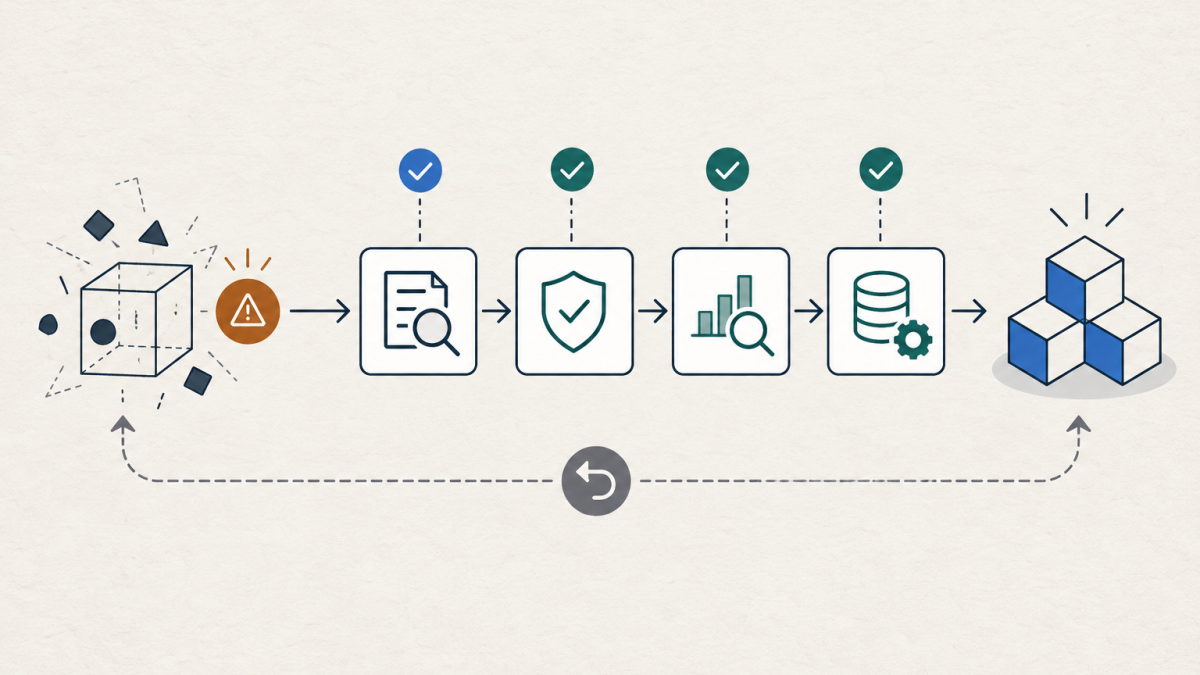 An unstable prototype passes through evaluation and safety checkpoints into a stable modular workflow, with a rollback path below.