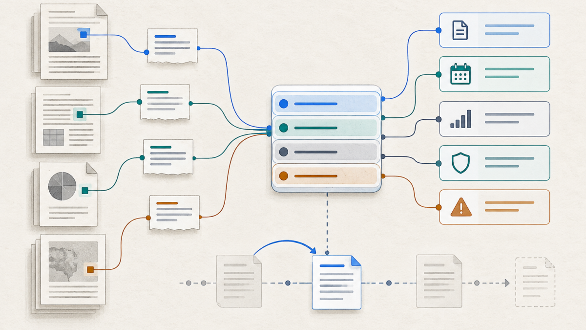 Source documents connect to a structured ledger that tracks evidence, dates, privacy, conflicts, and corrections.