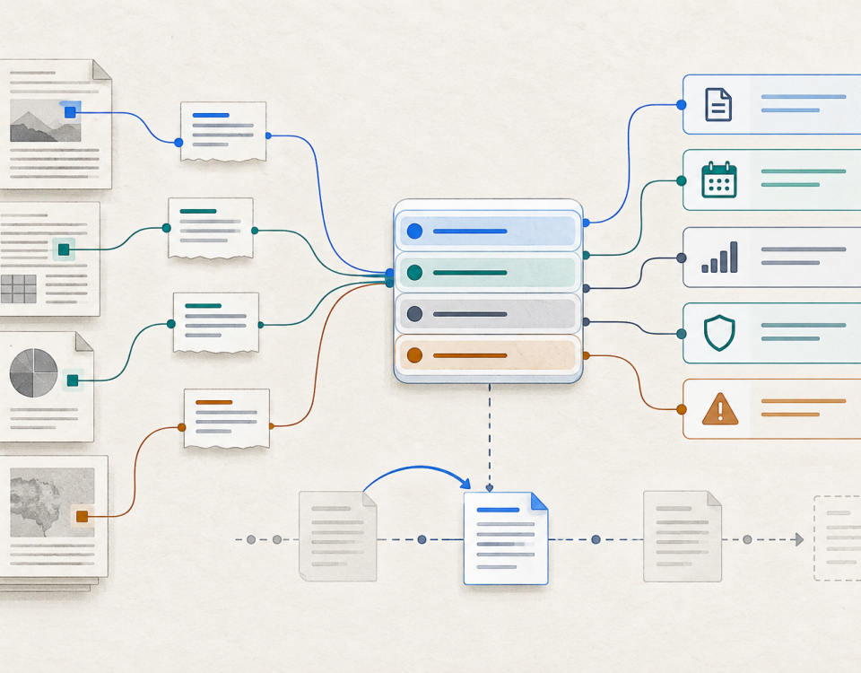 Source documents connect to a structured ledger that tracks evidence, dates, privacy, conflicts, and corrections.