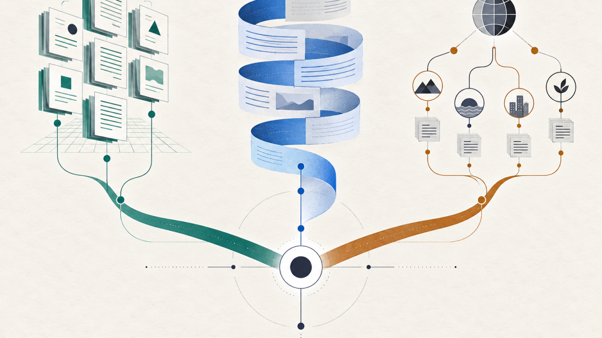 Three knowledge-access paths—indexed retrieval, long context, and targeted search—converge on a neutral decision point.