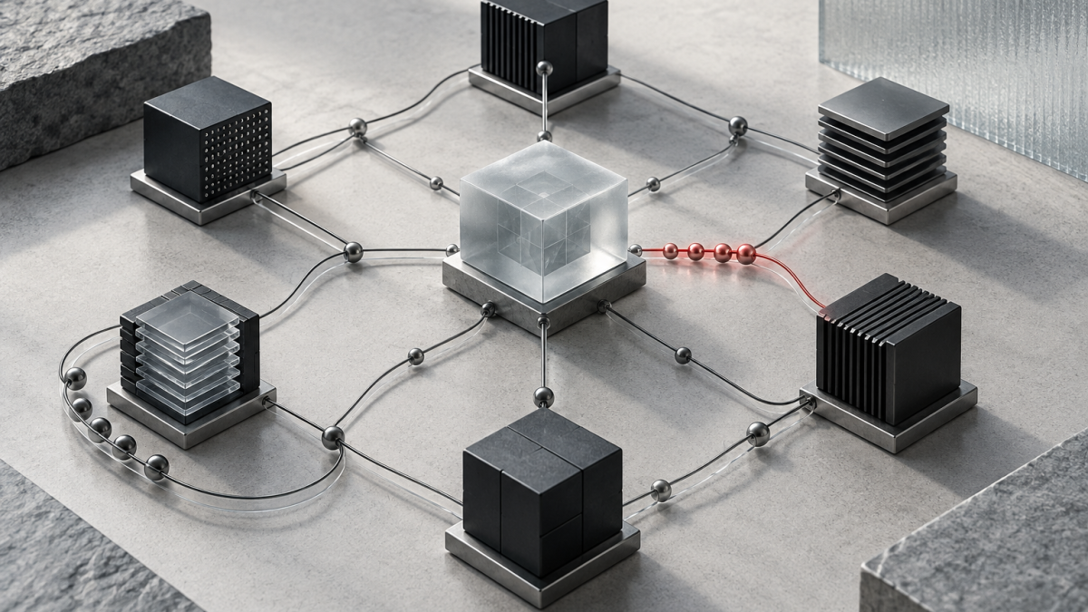 Multiple agent modules coordinate around one task while a red connection highlights a communication bottleneck.