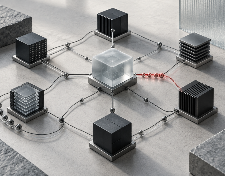 Multiple agent modules coordinate around one task while a red connection highlights a communication bottleneck.
