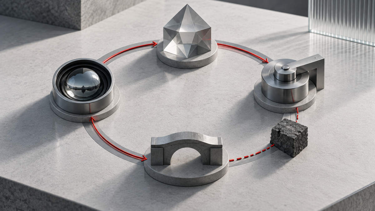 Four-stage reasoning, action, observation and recovery loop with a red path rerouting around a blocked step.