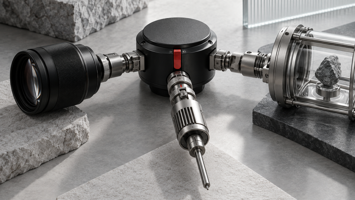 A model core connects to several tools through a constrained protocol hub with a red safety interlock.