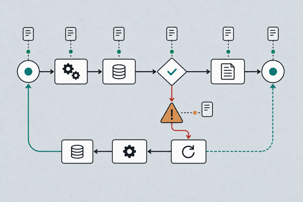 A workflow exposes checkpoints, an audit trail, a failure branch, and a recovery loop.