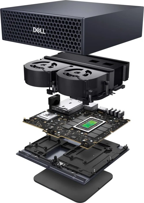 Exploded view of Dell Pro Max with GB10 showing the enclosure, cooling assembly and system board.