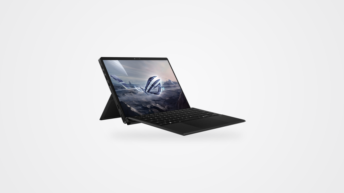 ASUS ROG Flow Z13 with its keyboard attached, viewed from the front at an angle.