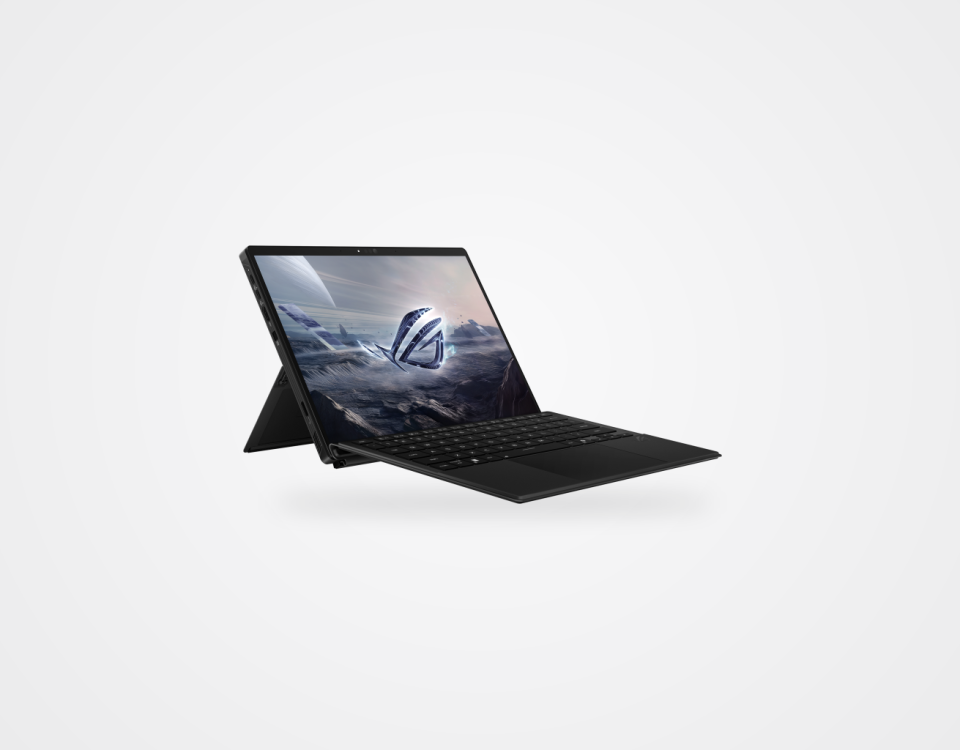 ASUS ROG Flow Z13 with its keyboard attached, viewed from the front at an angle.