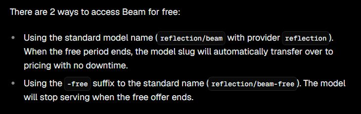 Vercel contrasts two Beam routes: reflection/beam switches to paid pricing after the free period, while reflection/beam-free stops serving when the offer ends.