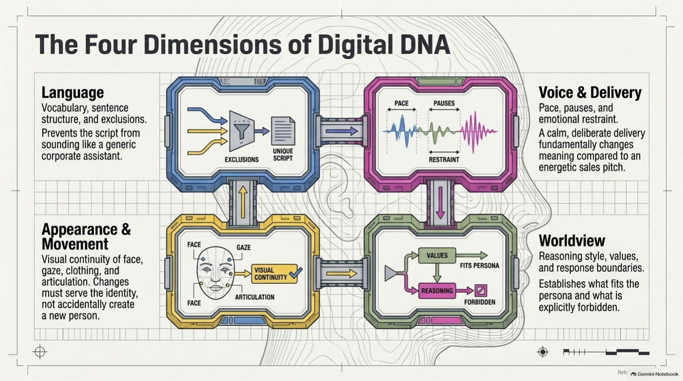 Language, voice, appearance and worldview form the four dimensions of Digital DNA.