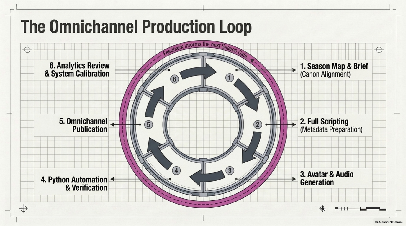 A season map moves through scripts, media, verification, publication and feedback.