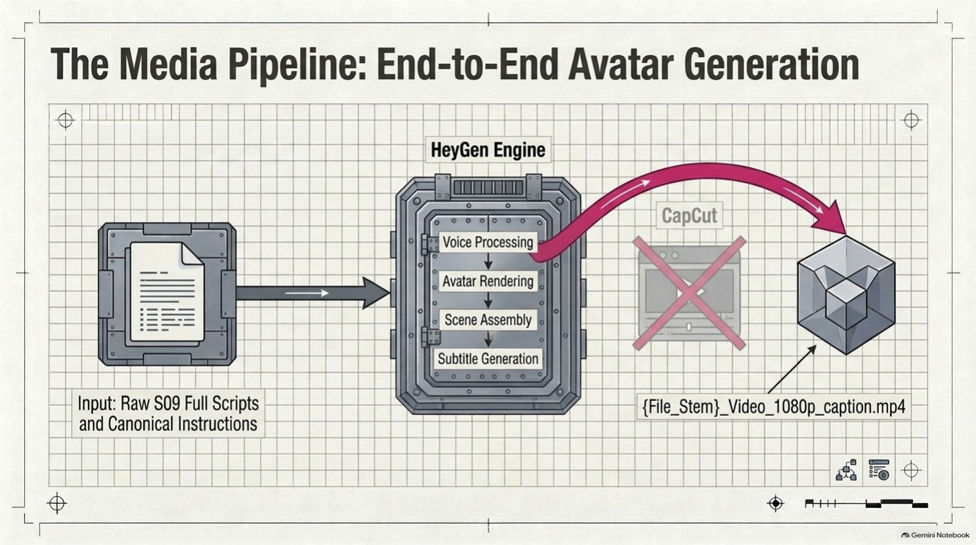 Scripts and identity constraints pass through avatar, voice, assembly and captions to a finished video.