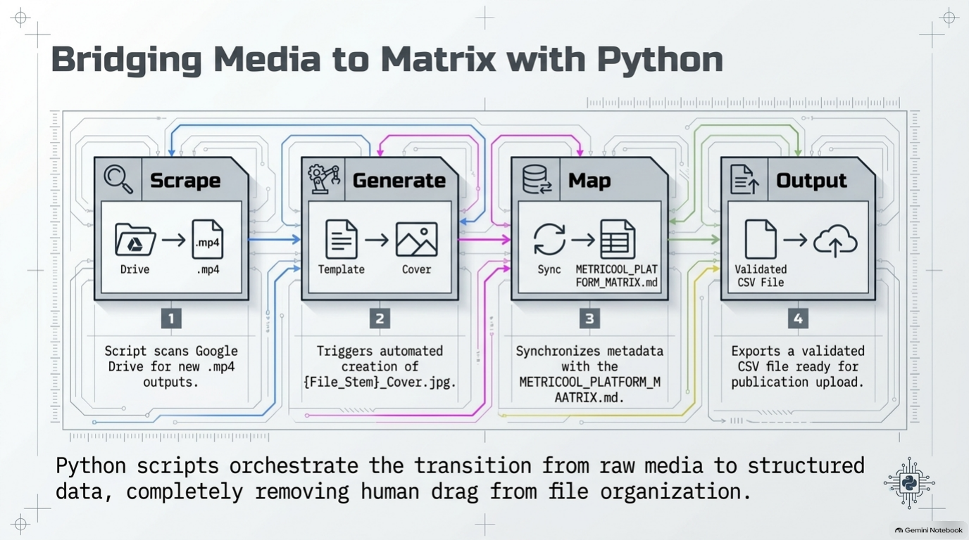 Python connects video files, covers, platform records and a validated publishing CSV.