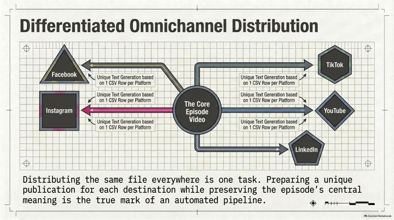 One episode branches into publication text for Instagram, Facebook, TikTok, YouTube and LinkedIn.