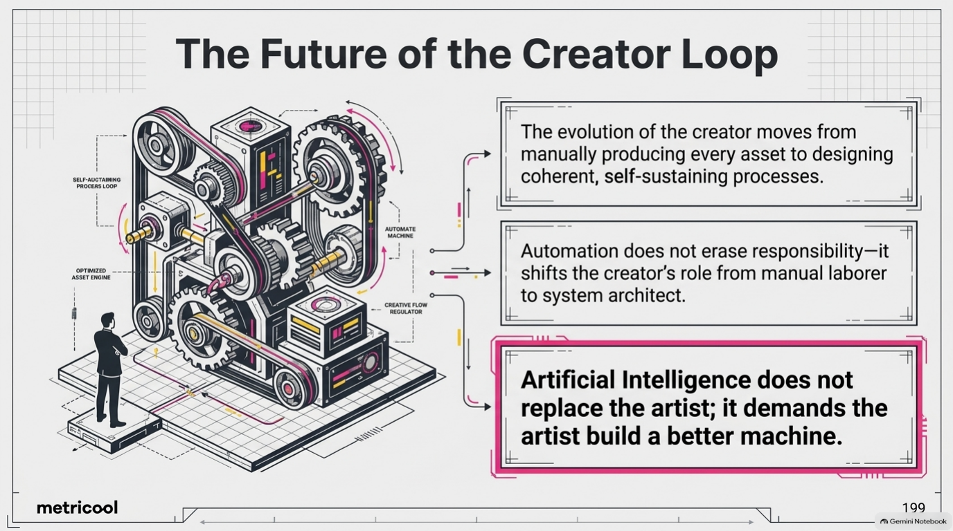 The creator shifts from individual asset production to designing and overseeing the production loop.