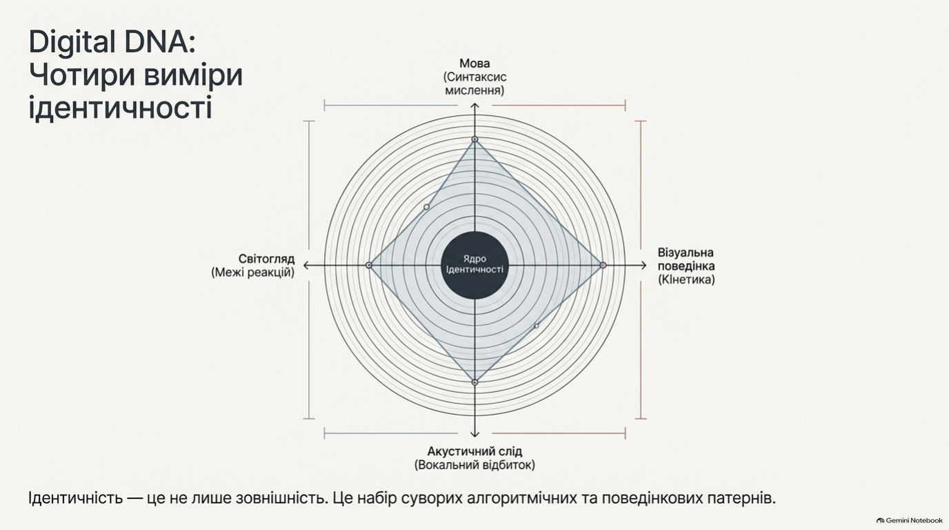 Мова, зовнішність, голос і світогляд як чотири виміри цифрової ідентичності.