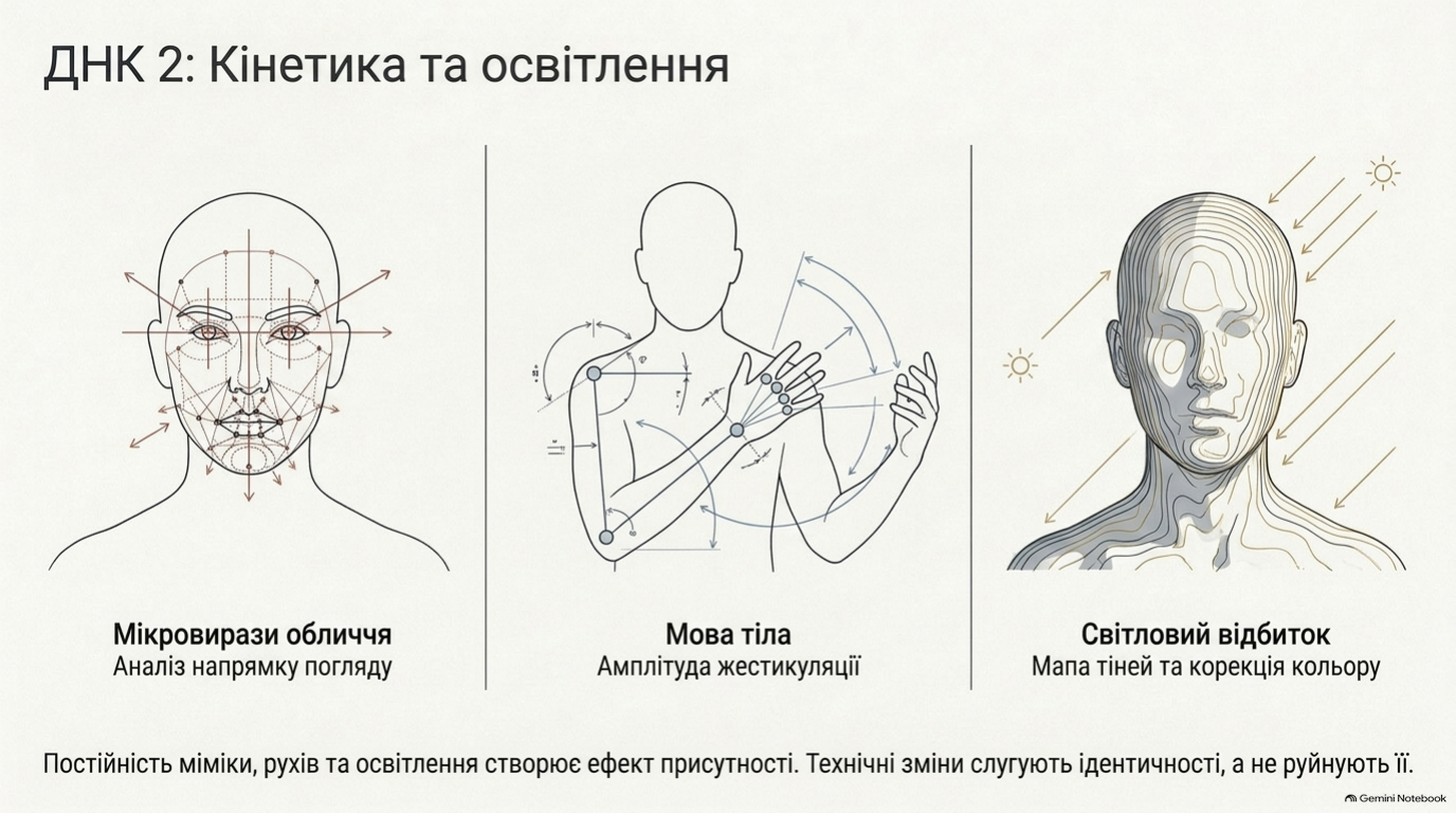 Міміка, погляд, жести й освітлення підтримують візуальну цілісність цифрового персонажа.