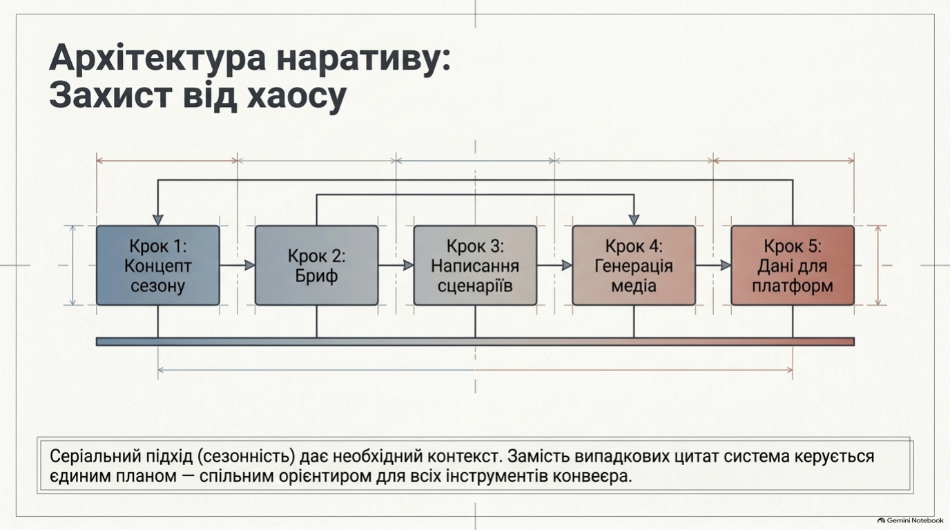 Концепт сезону, бриф, сценарії, генерація медіа та дані для платформ утворюють спільний виробничий план.