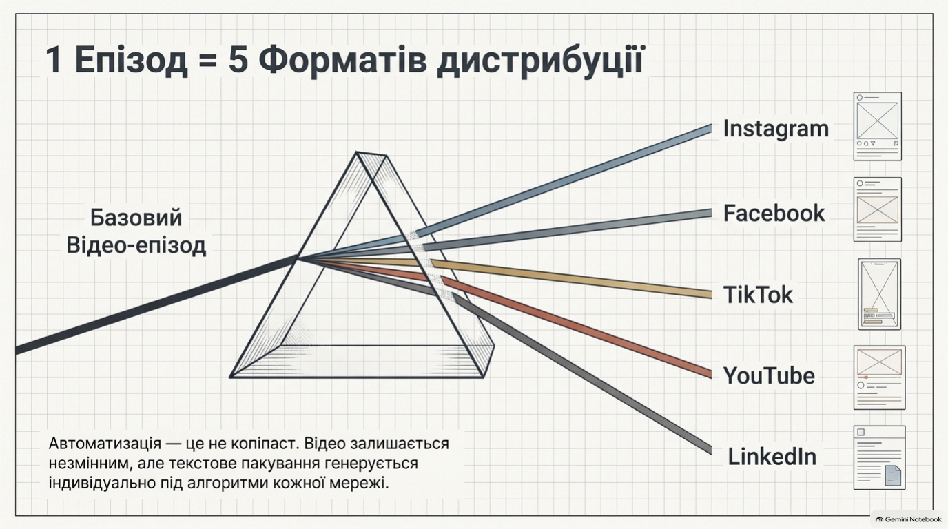 Базовий відеоепізод отримує окреме текстове оформлення для п’яти соціальних платформ.