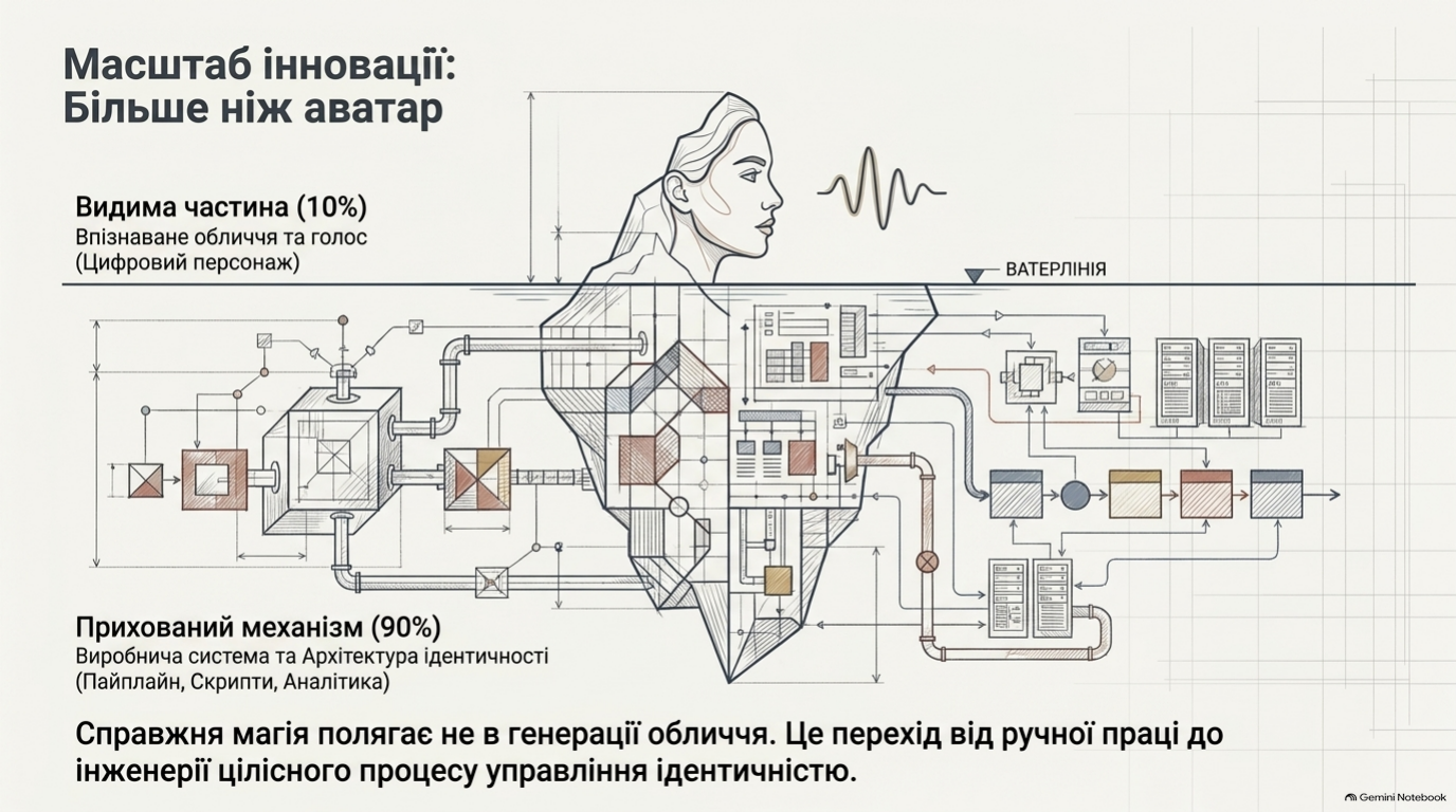 Образ айсберга: видимий цифровий персонаж і виробнича система під ним. Пропорції 10 і 90 відсотків — метафора, не вимірювання.