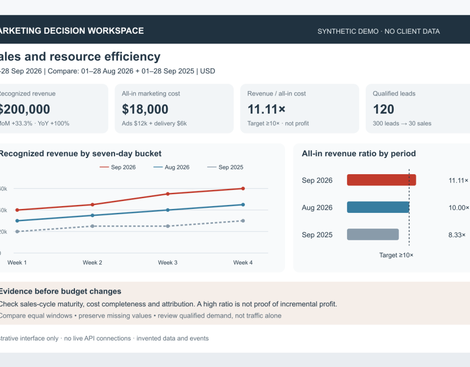 Synthetic executive dashboard with revenue trends and equal-period comparisons