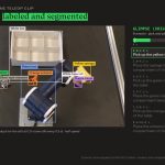 Elorian’s Glimpse demo labels a robot arm and tabletop objects, alongside a timeline of pick-and-place events.
