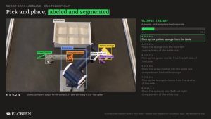 Elorian’s Glimpse demo labels a robot arm and tabletop objects, alongside a timeline of pick-and-place events.