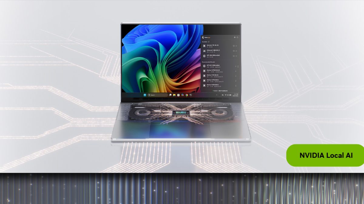 NVIDIA’s promotional illustration of a laptop running local AI software, with a Windows desktop and a model-selection panel.