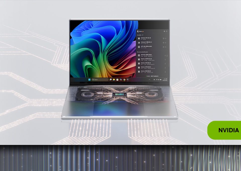 NVIDIA’s promotional illustration of a laptop running local AI software, with a Windows desktop and a model-selection panel.