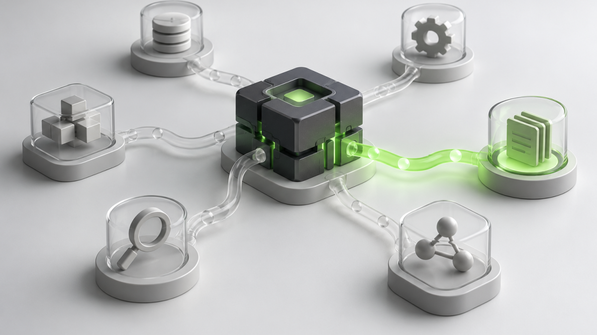 Conceptual illustration of a compact processing core connected to task modules, with one path highlighted in green.