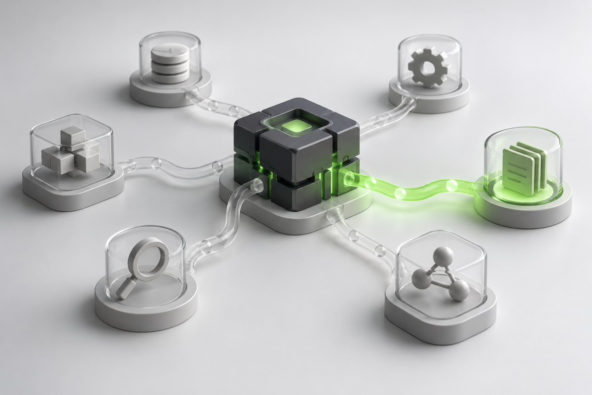 Conceptual illustration of a compact processing core connected to task modules, with one path highlighted in green.