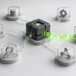 Conceptual illustration of a compact processing core connected to task modules, with one path highlighted in green.
