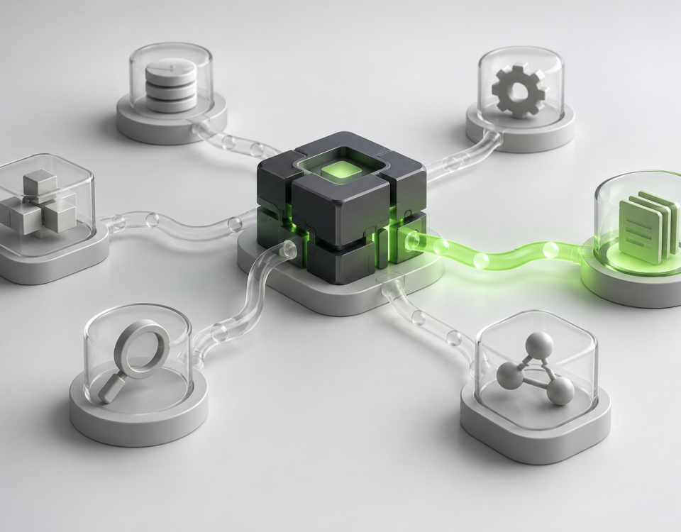 Conceptual illustration of a compact processing core connected to task modules, with one path highlighted in green.