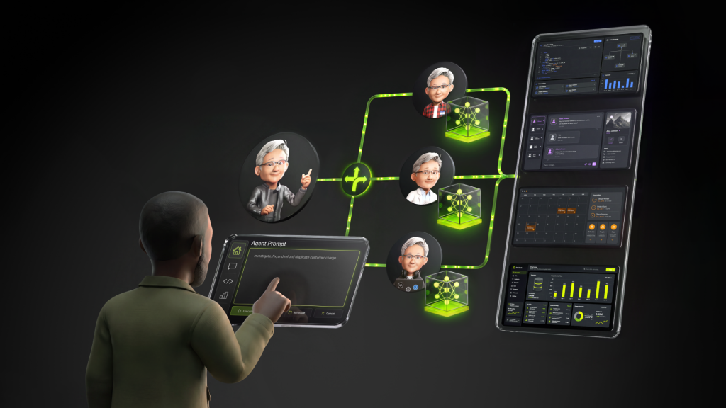 NVIDIA promotional illustration showing an agent coordinating specialized workers and application tools.