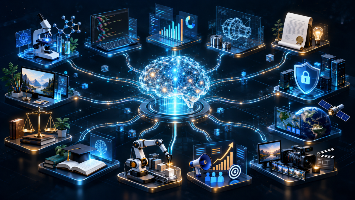 Conceptual illustration connecting specialized AI workflows across research, coding, analytics, law, security, engineering and media.