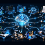 Conceptual illustration connecting specialized AI workflows across research, coding, analytics, law, security, engineering and media.