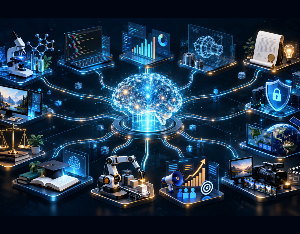 Conceptual illustration connecting specialized AI workflows across research, coding, analytics, law, security, engineering and media.