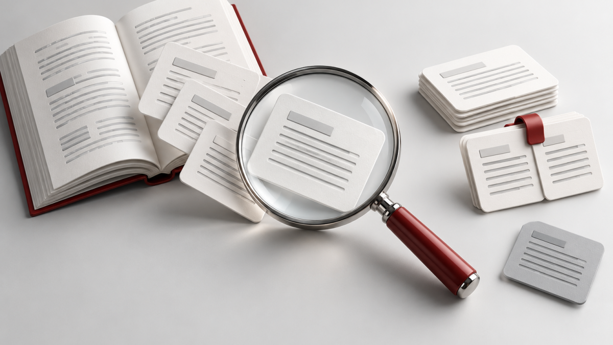 Conceptual illustration of document passages under a magnifying glass, a selected stack and two cards held together.