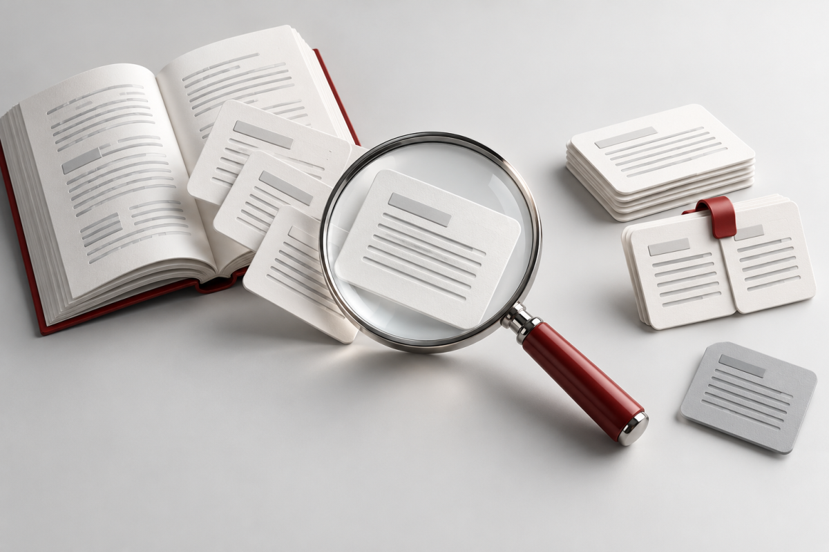 Conceptual illustration of document passages under a magnifying glass, a selected stack and two cards held together.