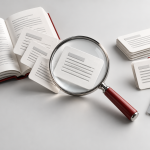 Conceptual illustration of document passages under a magnifying glass, a selected stack and two cards held together.