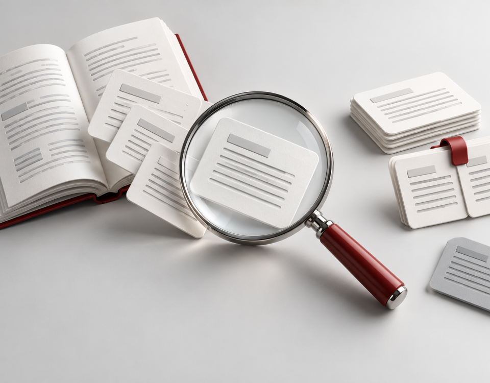 Conceptual illustration of document passages under a magnifying glass, a selected stack and two cards held together.