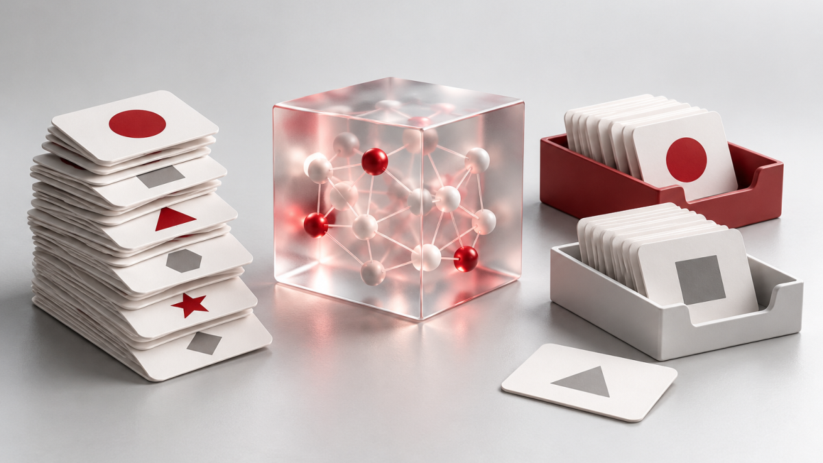 Conceptual illustration of request cards, an abstract model and category trays, with a separate card beside them.
