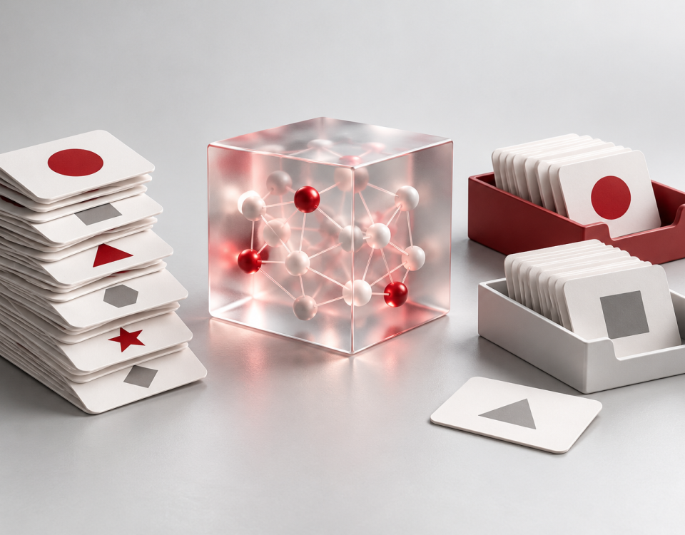Conceptual illustration of request cards, an abstract model and category trays, with a separate card beside them.