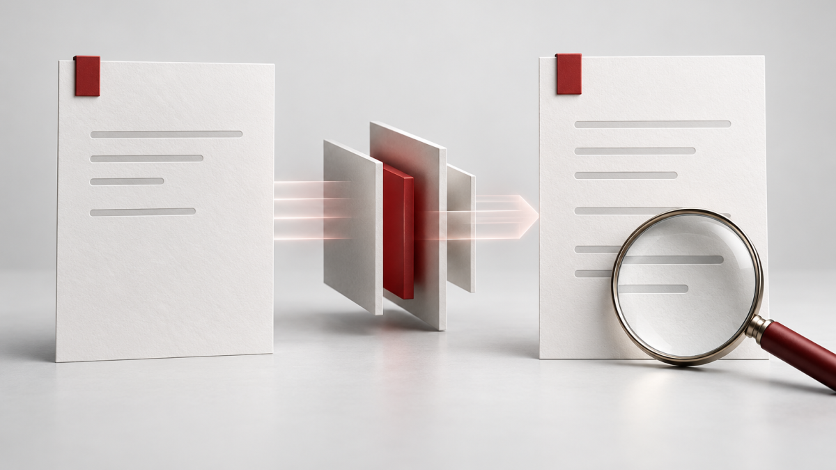 Conceptual illustration of an input note and a proposed answer, with a magnifying glass over the answer.