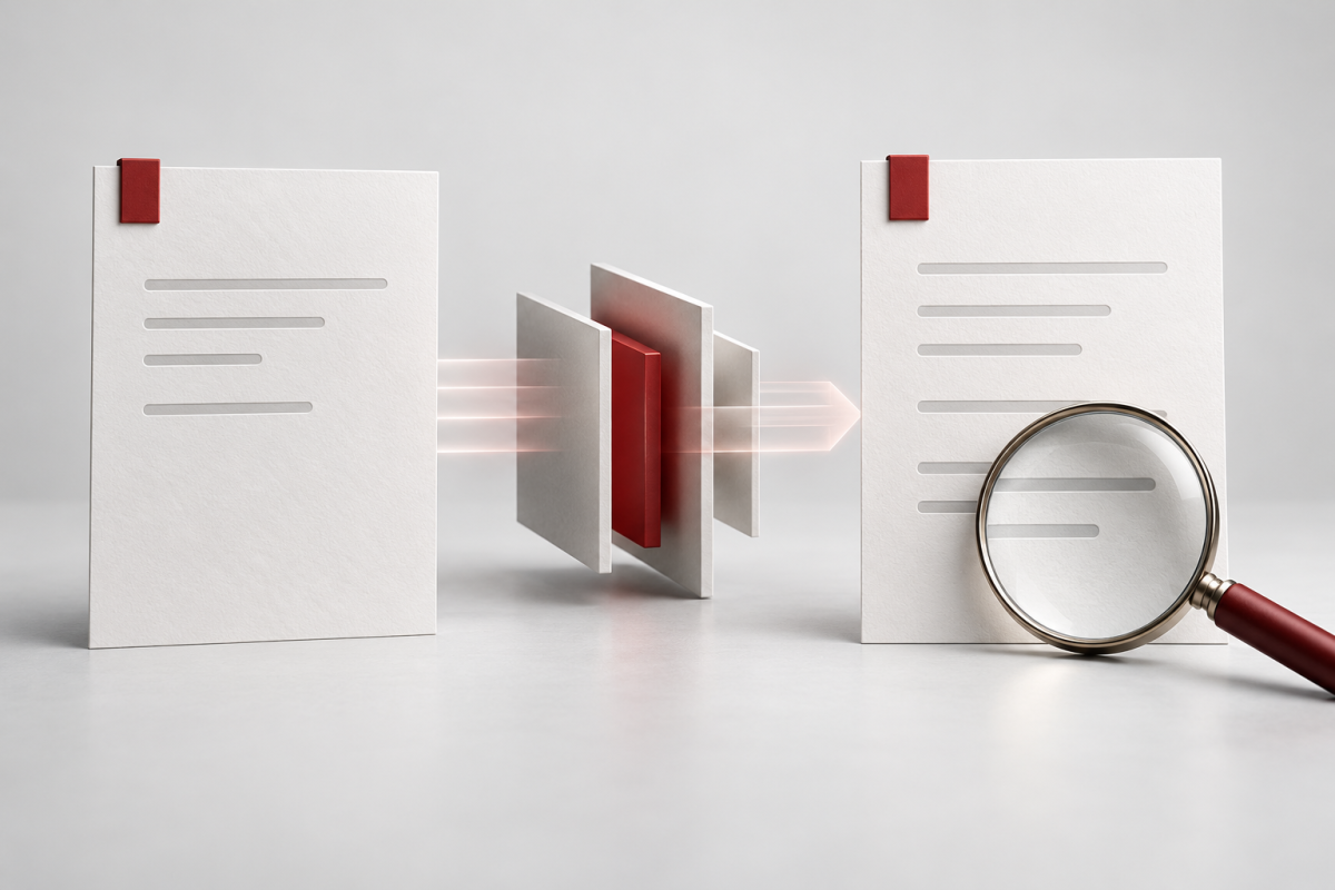Conceptual illustration of an input note and a proposed answer, with a magnifying glass over the answer.