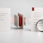Conceptual illustration of an input note and a proposed answer, with a magnifying glass over the answer.