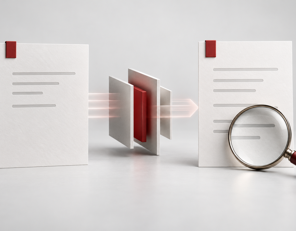 Conceptual illustration of an input note and a proposed answer, with a magnifying glass over the answer.