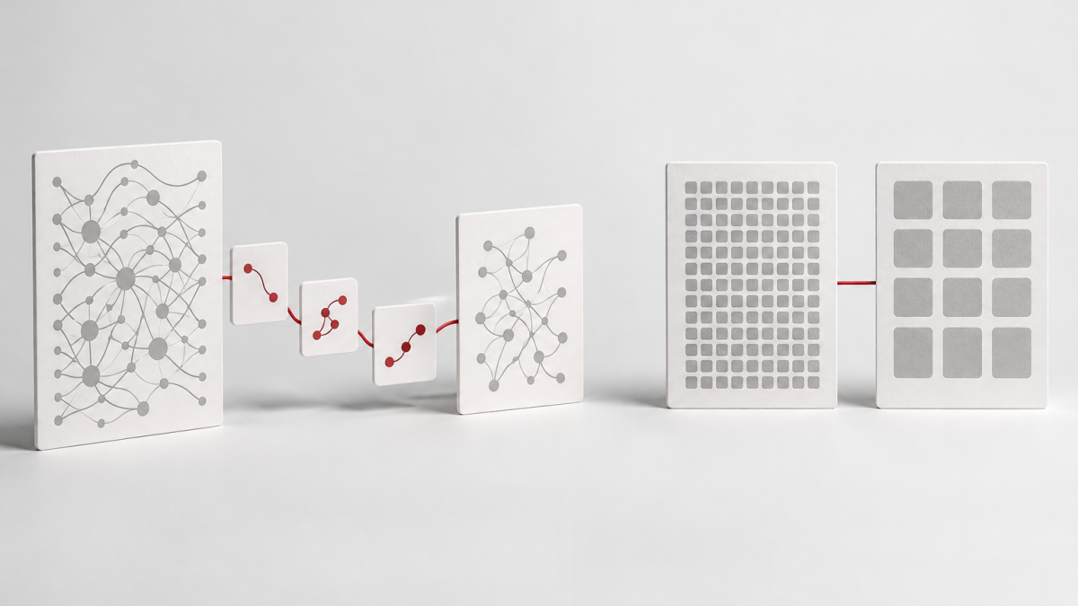 Conceptual illustration of model cards connected by example tiles beside two equal cards with fine and coarse tile patterns.