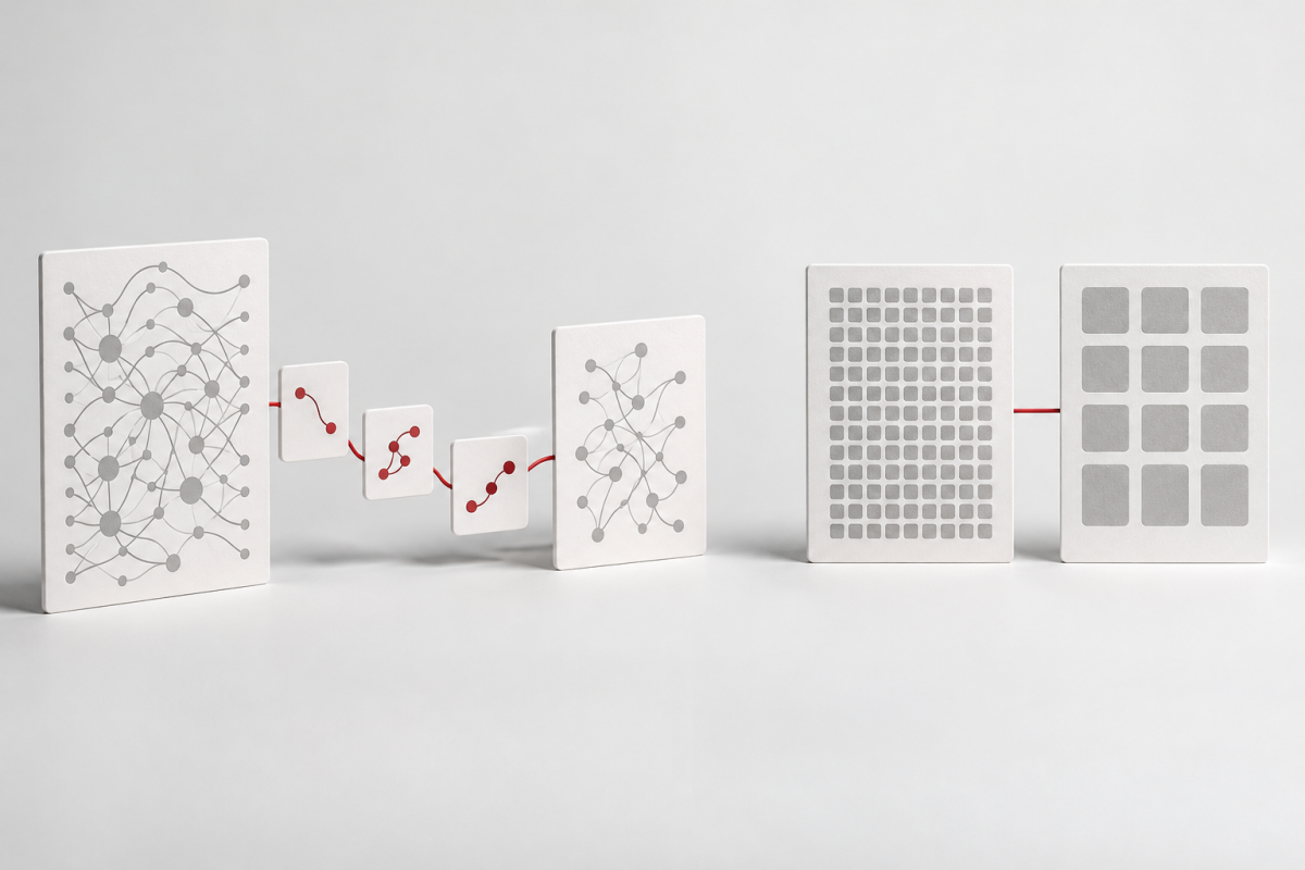 Conceptual illustration of model cards connected by example tiles beside two equal cards with fine and coarse tile patterns.