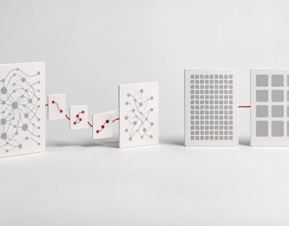 Conceptual illustration of model cards connected by example tiles beside two equal cards with fine and coarse tile patterns.